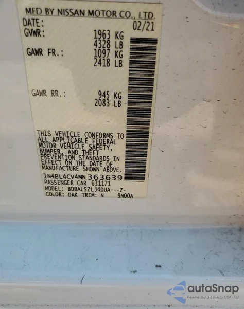 2021 Nissan Altima Sr from USA, damaged, VIN 1N4BL4CV4MN363639